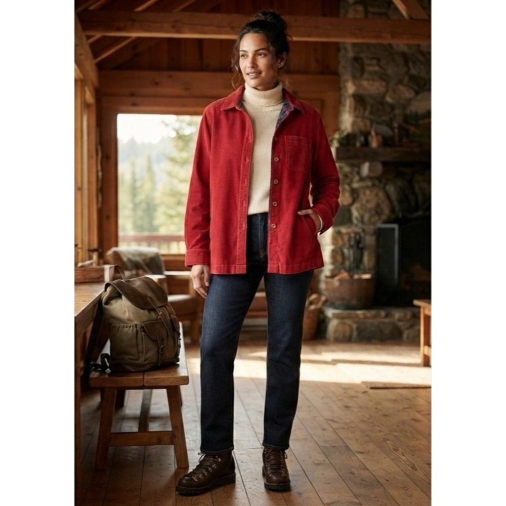 L.L. Bean Red Corduroy Flannel Lined Shacket Button Up Shirt Women's 1X Gorpcore